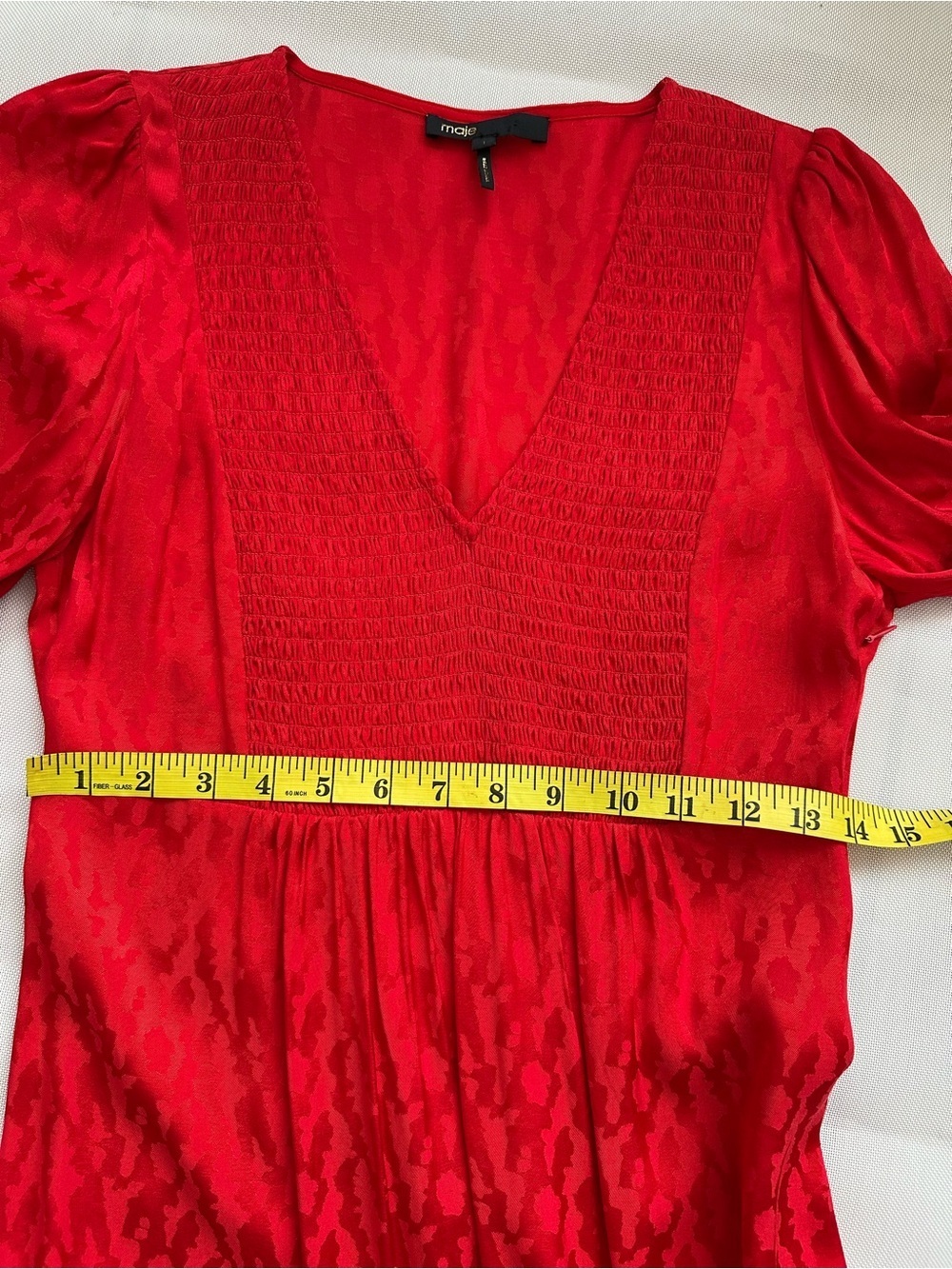 Maje Red Jacquard Smocked Mini Dress Long Sleeve Size 1 - Picture 13 of 16